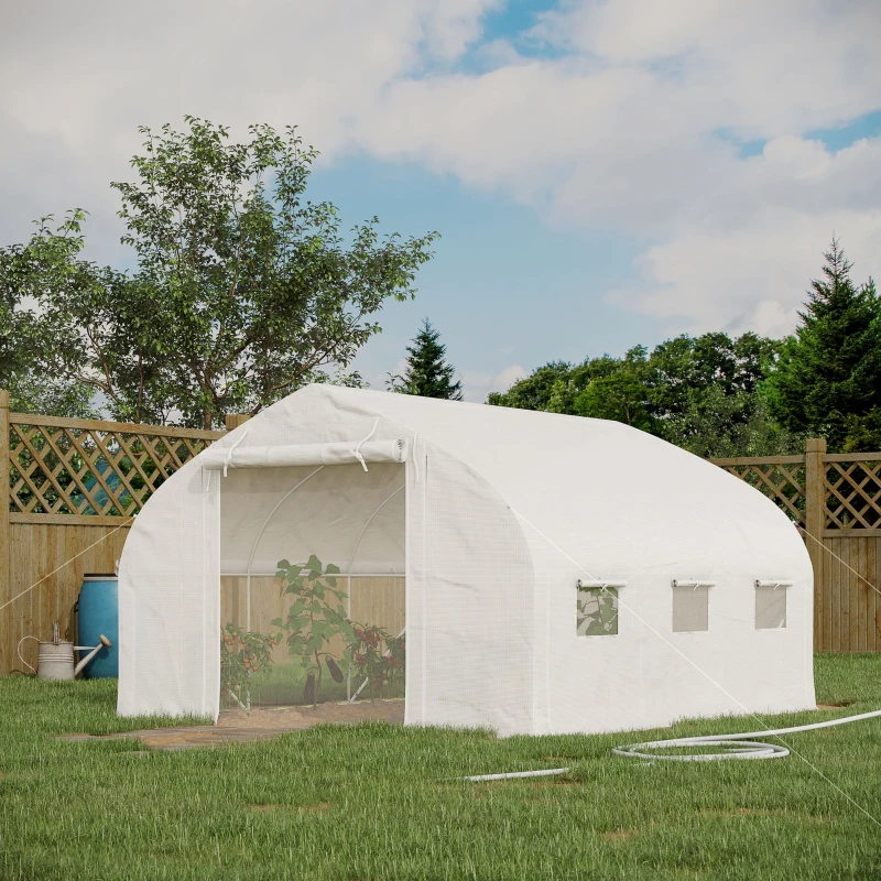 Outsunny Estufa túnel de jardim 10,4 m² estufa de jardim anti-UV porta enrolável com zíper janelas com tela 350 x 300 x 200 cm branco