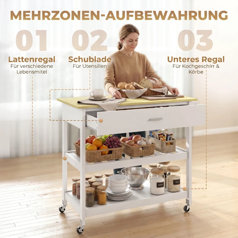 HOMCOM Desserte de cuisine à roulettes, îlot central cuisine avec plan de travail, tiroir, étagères, porte-serviettes, blanc