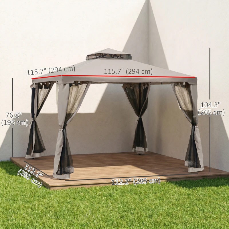 Outsunny Outdoor Gazebo, 2-tier Roof with Netting for Garden Patio, 295L x 295W x 263Hcm, Taupe