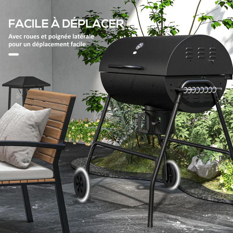 Outsunny Barbecue au charbon de bois BBQ avec couvercle, grille et thermomètre, avec roues, poignée, 95 x 71,5 x 102 cm, noir