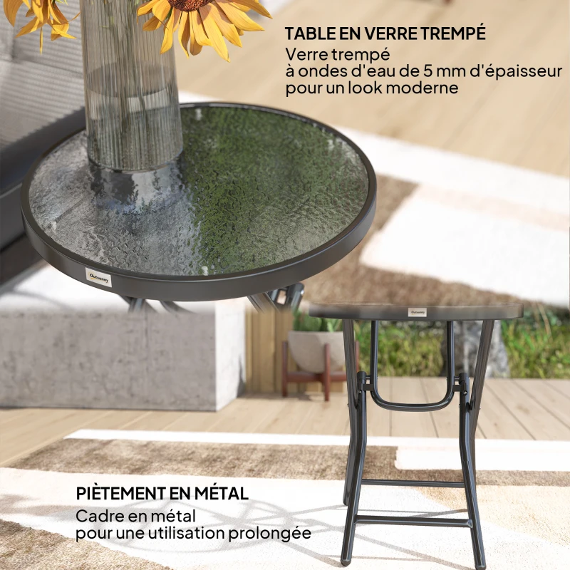 Outsunny Mesa de centro bistrô redonda de jardim Ø 60 x 50H cm dobrável metal preto tampo vidro temperado preto