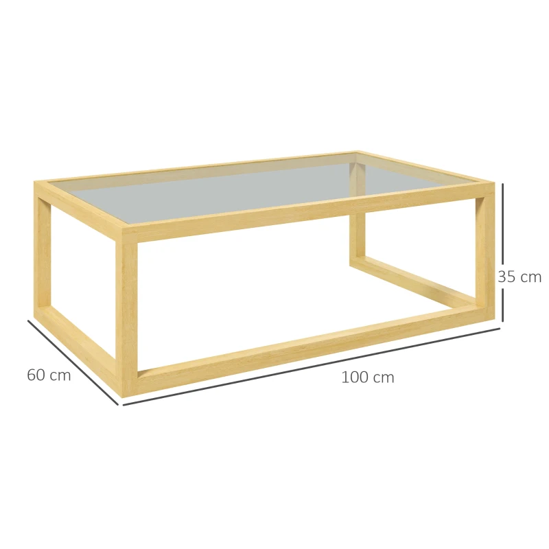 HOMCOM Mesa de centro retangular para sala com tampo em vidro temperado estrutura em madeira de hévea dim. 100L x 60l x 35H cm