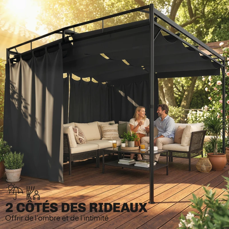 Outsunny Pergola de Jardin Tonnelle de Terrasse avec Toit Rétractable Rideaux et Système de Poulie 3x3m Gris Anthracite