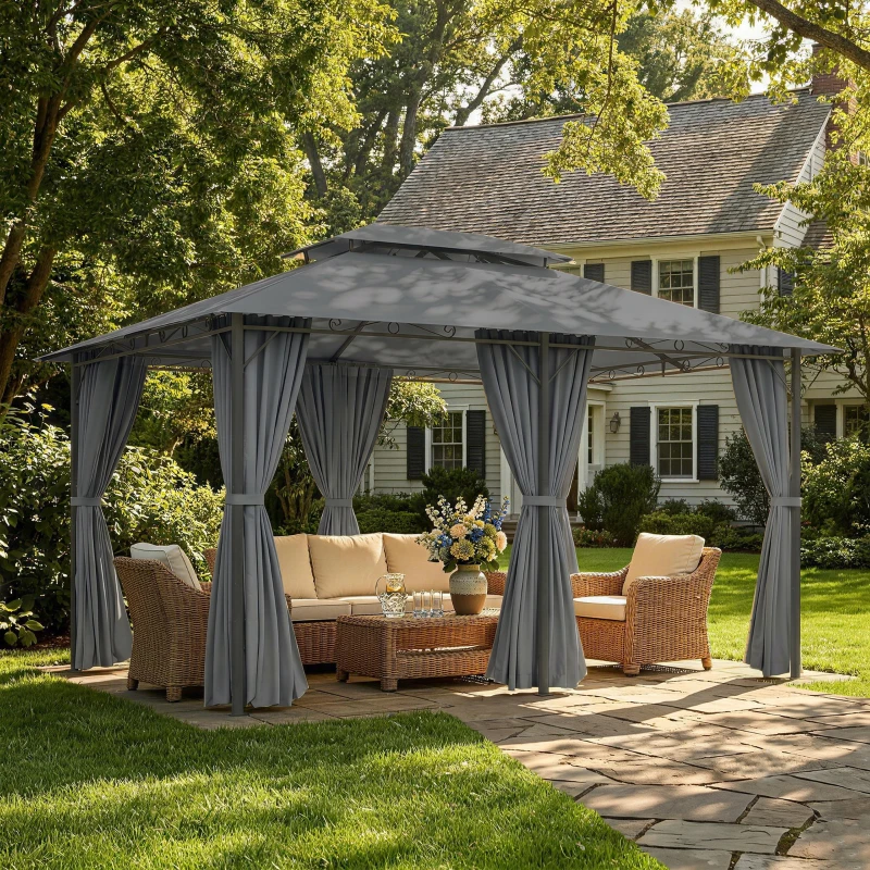 Outsunny Tonnelle barnum pavillon de jardin style colonial double toit toiles latérales amovibles 3L x 4l x 2,8H m gris