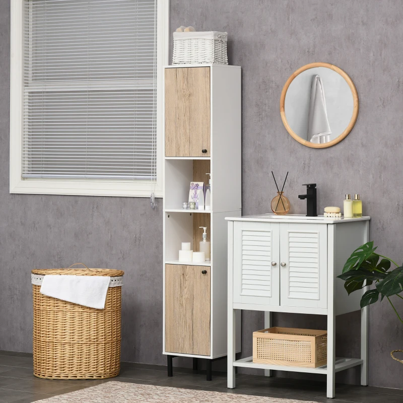 kleankin Columna de Baño con 6 Compartimentos para Ducha Aseo Dormitorio Estilo Moderno 31,5x30x169 cm Blanco y Roble
