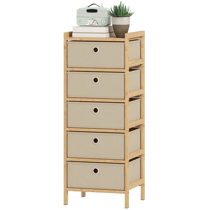 HOMCOM Chest of Drawers, 5 Fabric Drawers Narrow Dresser with Bamboo Frame, Cream White