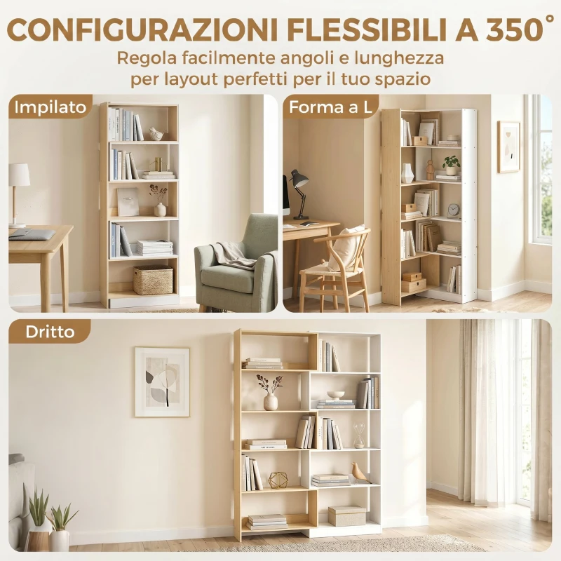 HOMCOM Libreria Angolare a 5 Ripiani dal Design Modulabile e Salvaspazio, in Legno, 67x67x163.7 cm, Multicolore