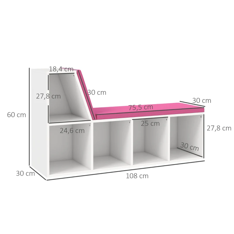HOMCOM Bibliothèque banc 2 en 1 avec 5 compartiments de rangement et 2 coussins 108 x 30 x 60 cm blanc rose
