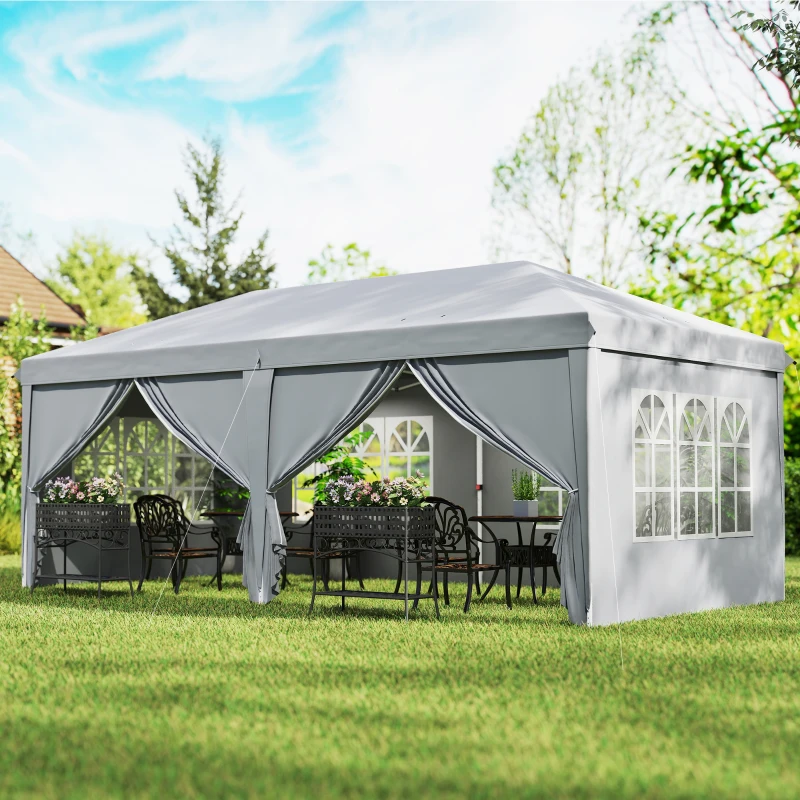 Outsunny Toldo barnum dobrável pop-up 6 x 3 x 2,7 m 4 paredes laterais removíveis 4 janelas bolsa de transporte cinza claro