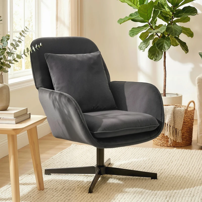 HOMCOM Fauteuil salon, fauteuil d'appoint rembourré en velours avec large assise, coussin et structure en métal, gris foncé