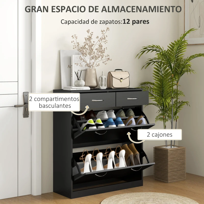 HOMCOM Mueble Zapatero Estrecho Armario de Zapatos con 2 Cajones Abatibles para 12 Pares de Zapatos 80x30x91,5 cm Negro