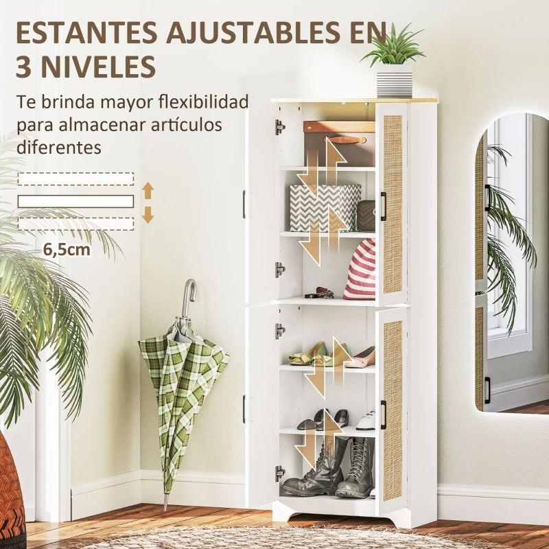 HOMCOM Alacena de Cocina con Estantes Ajustables Puertas de Ratán y Sistema Anti-vuelco 60x30x170 cm Blanco