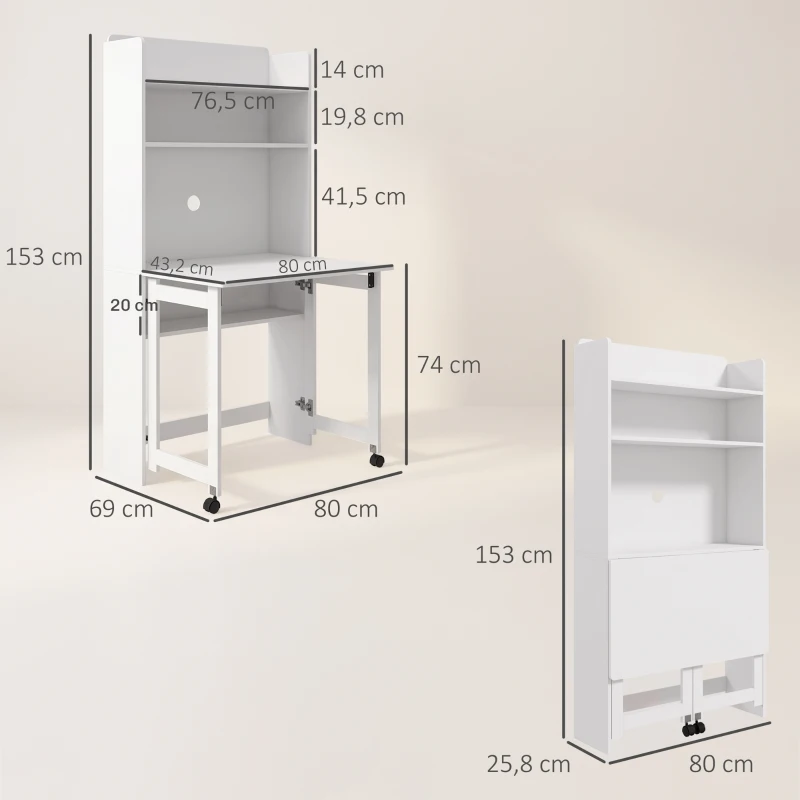 HOMCOM Bureau informatique avec étagères de rangement plateau rabattable 2 roulettes pour chambre salon 80 x 69 x 155 cm blanc