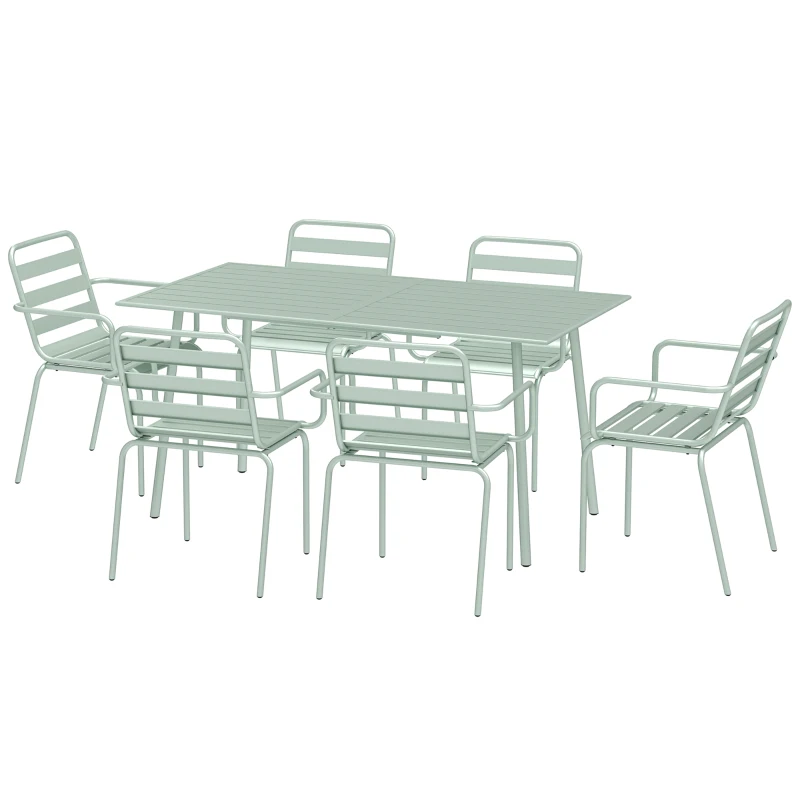 Outsunny Conjunto de jardim conjunto de jantar para jardim 7 peças com 1 mesa e 6 cadeiras empilháveis em aço verde claro