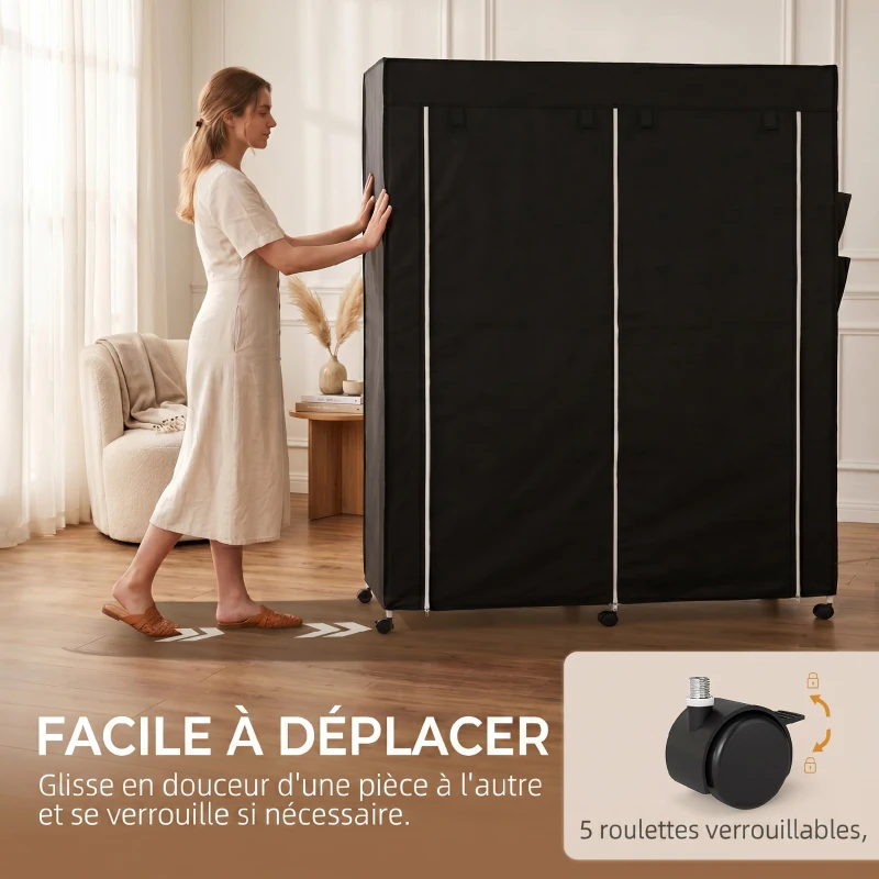 HOMCOM Armoire penderie en tissu, meuble de rangement mobile 10 roulettes avec 10 compartiments, barres de suspension, noir