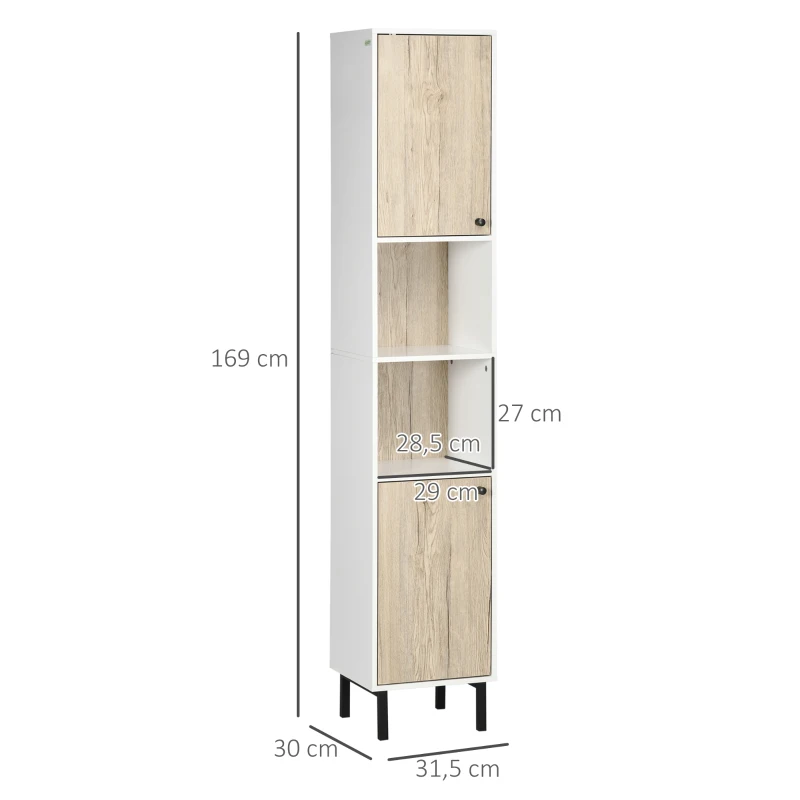 kleankin Columna de Baño con 6 Compartimentos para Ducha Aseo Dormitorio Estilo Moderno 31,5x30x169 cm Blanco y Roble