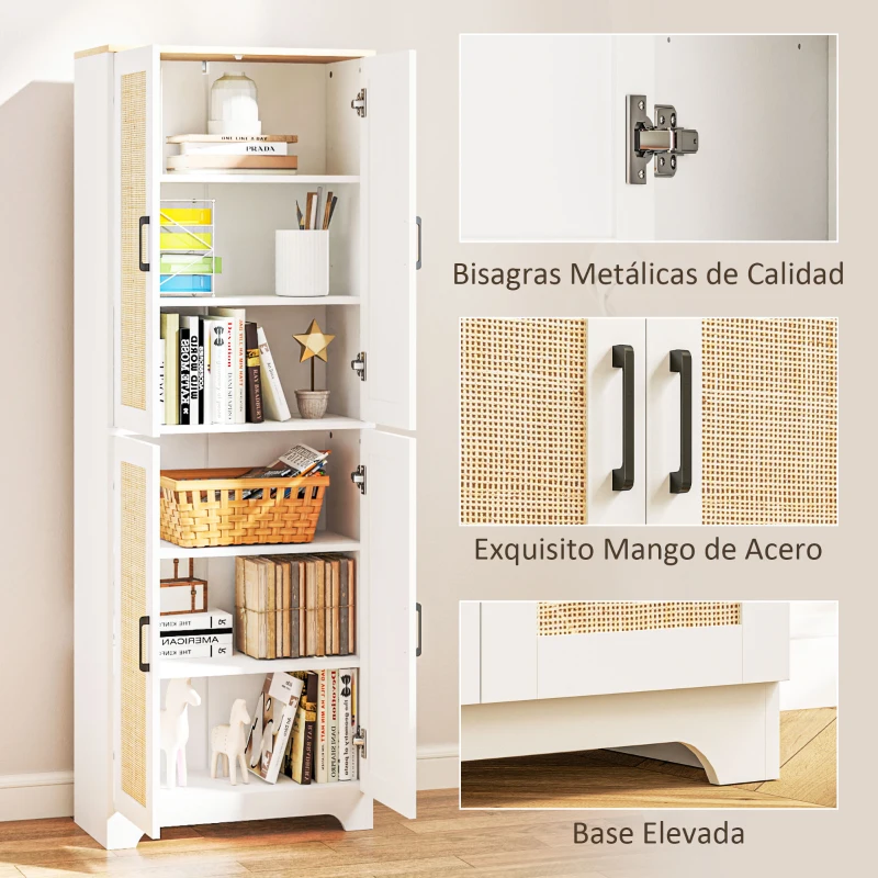 HOMCOM Alacena de Cocina con Estantes Ajustables Puertas de Ratán y Sistema Anti-vuelco 60x30x170 cm Blanco