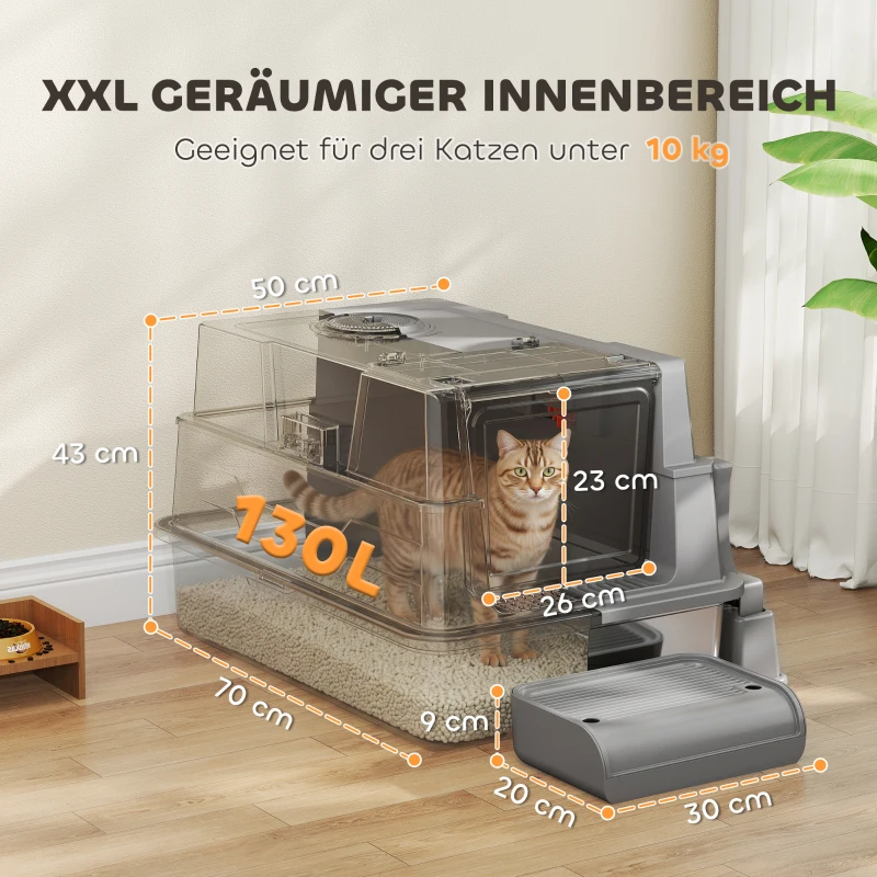 PawHut Katzenklo XXL Edelstahl Katzentoilette 130L mit 180° Klappdeckel Hohen Seitenwänden Schaufel Trittstufe 70x50x43cm Grau