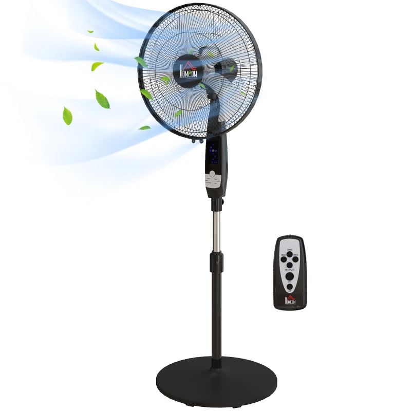 HOMCOM Ventilateur sur pied hauteur réglable oscillant 85° 3 vitesses 50 W avec écran LED télécommande minuterie Ø 42 cm noir