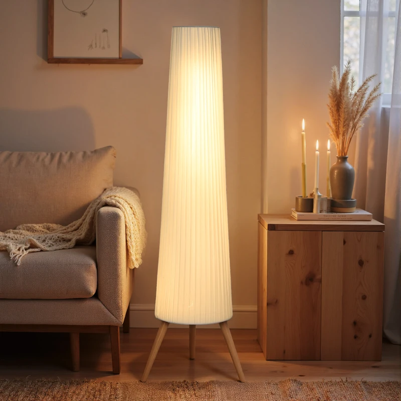 HOMCOM Dimmable Tripod Floor Lamp with Foot Switch, Nordic Standing Lamp with Fabric Shade, 153cm, White, White and Natural