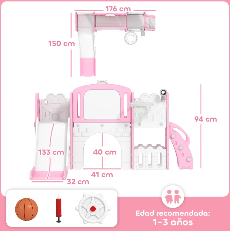 AIYAPLAY Tobogán Infantil 7 en 1 Temática de Rana con Aro de Baloncesto Túnel Pizarra Telescopio Escalador y Cajas Rosa