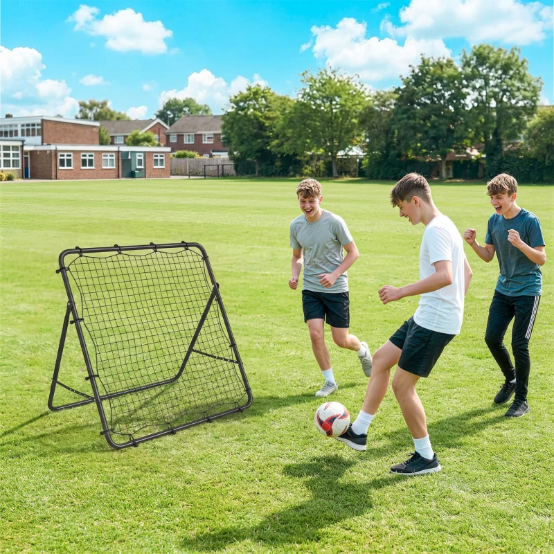 SPORTNOW Filet de Rebond Pliable Réglable à 5 Angles avec 24 Cordes Élastiques Filet pour Football, Acier, 120x73x112cm, Noir