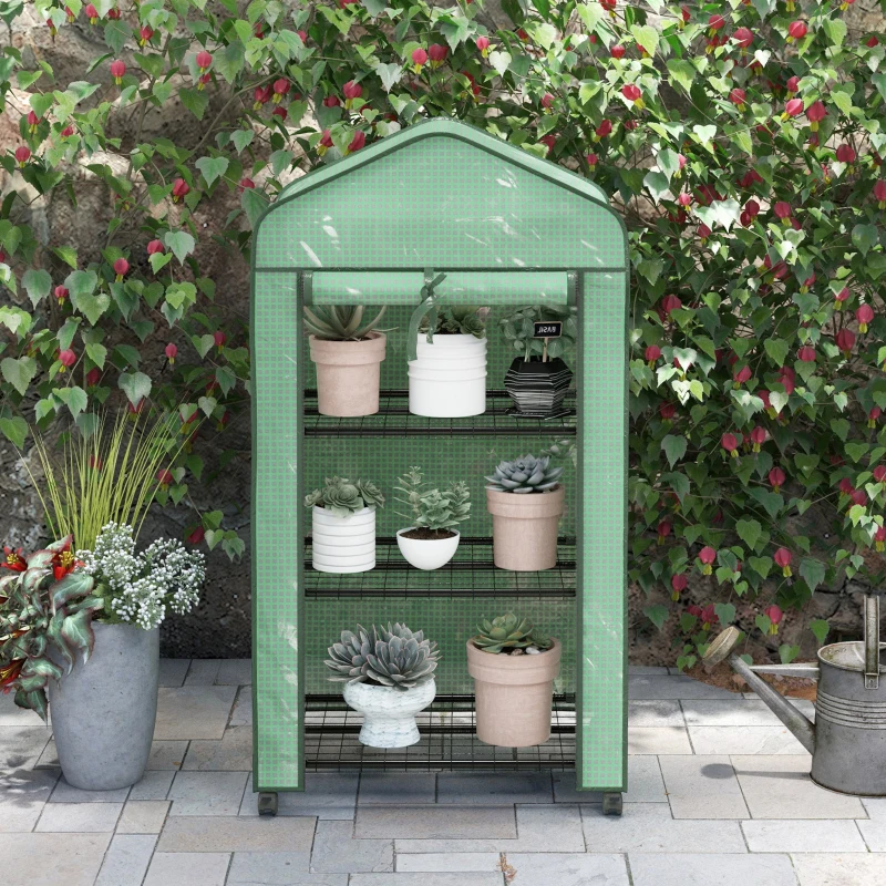 Outsunny Mini estufa de jardim com 3 prateleiras, capa PE de alta densidade, porta enrolável, 4 rodízios, dim. 69L x 49l x 130H cm