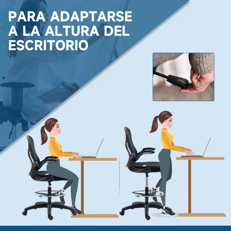 Vinsetto Silla de Dibujo Giratoria con Soporte Lumbar Reposapiés Ajustable y Reposabrazos Abatibles 59x65x102-122 cm Negro