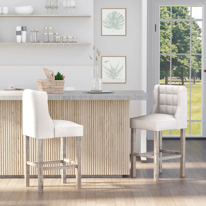 HOMCOM Set of 2 Bar Stools with Button Tufting, Solid Wood, incl. Footrest, 47 cm x 50 cm x 101 cm, Gray + Natural