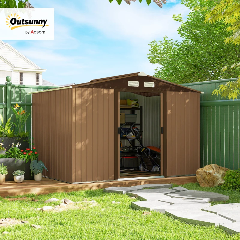 Outsunny 9 x 6FT Outdoor Garden Roofed Metal Storage Shed Tool Box with Foundation Ventilation & Doors, Yellow(m-10)