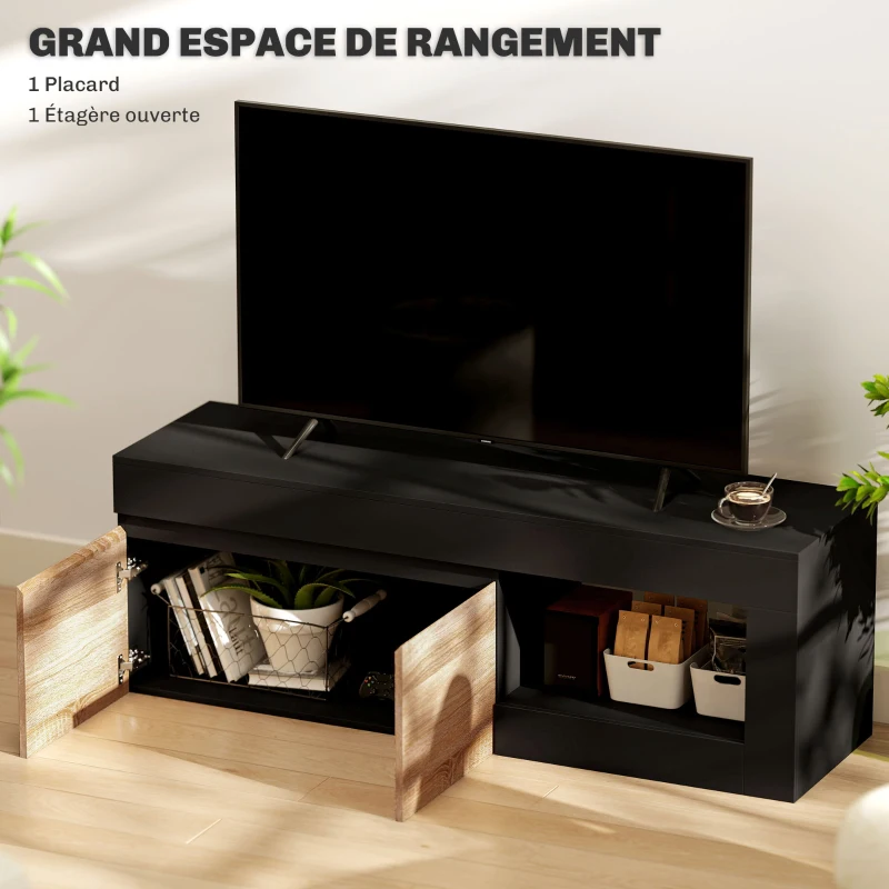 HOMCOM Meuble TV 2 portes pour téléviseurs jusqu'à 60 pouces, meuble télé avec placard et étagère ouverte, noir