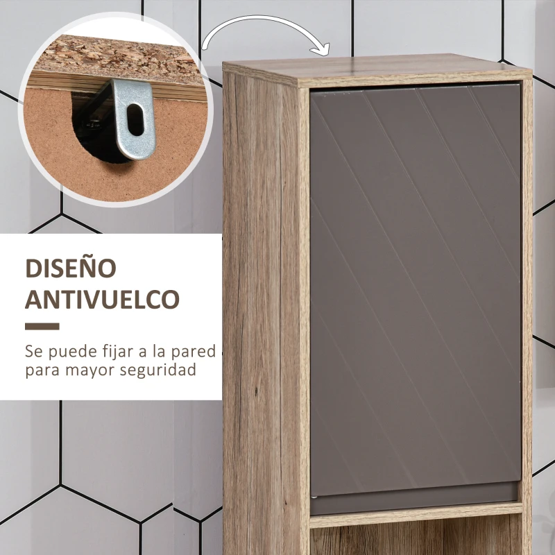 HOMCOM Armario de Baño Alto, Columna de Baño Estrecha con 2 Puertas y 2 Estantes Abiertos, para Espacios Pequeños, 30x24x170 cm, Roble y Gris