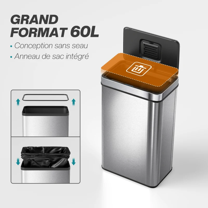 HOMCOM Poubelle à capteur 60 L avec couvercle à fermeture douce, poubelle de cuisine automatique en acier inoxydable, argenté