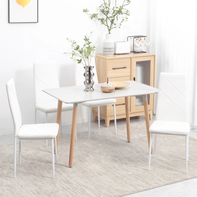 HOMCOM Set de 4 Sillas de Comedor Tapizadas de Piel Sintética con Respaldo Alto y Patas de Acero 41x50x97 cm Blanco