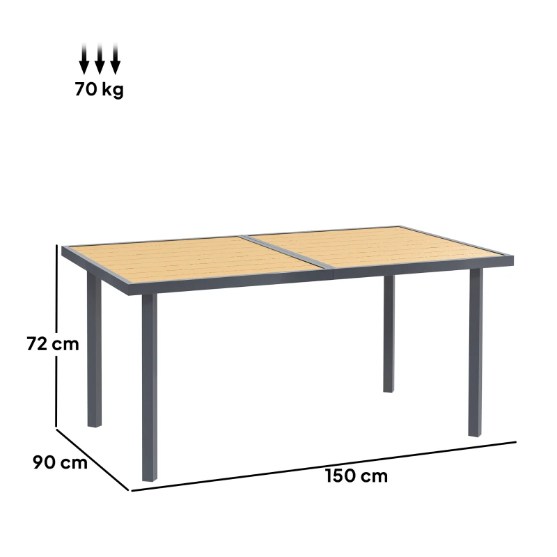 Outsunny Mesa de jantar de jardim para 6 pessoas mesa de jardim com tampo efeito madeira em aço 150 x 90 x 72 cm madeira natural