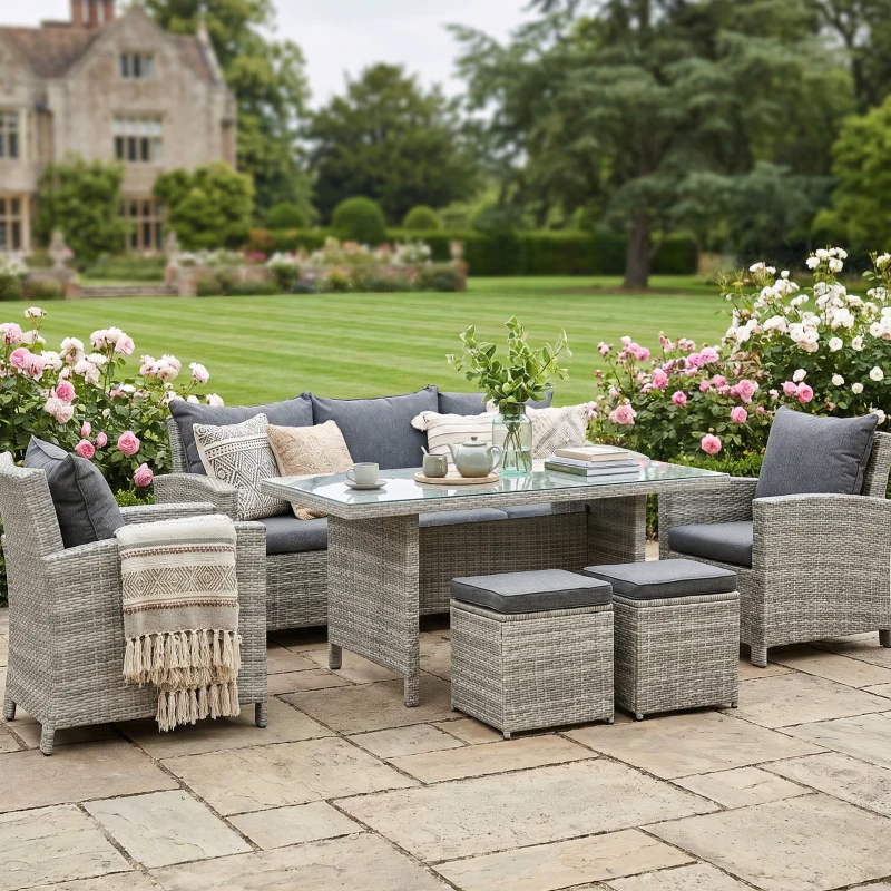 Outsunny 6-Piece Wicker Rattan Garden Set, Aluminium Patio Wicker Dining Sets with Glass Top Table & Soft Cushion, Light Grey