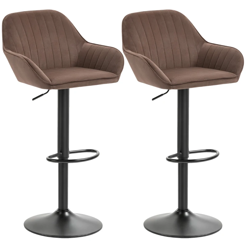 HOMCOM Juego de 2 Taburetes de Bar Giratorios Altura Ajustable 62-83 cm Tapizada en Terciopelo Respaldo y Reposapiés Marrón