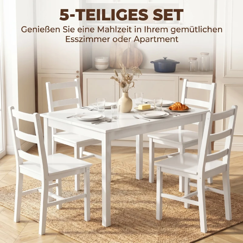HOMCOM 5-delige Eethoek voor 4 Personen, Rechthoekige Eettafel en Stoelen van Massief Hout, Compact, Wit