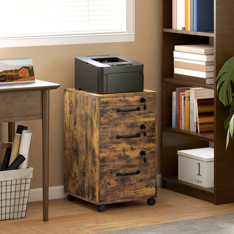 HOMCOM Caisson de Bureau Mobile avec 3 Tiroirs Verrouillables, Caisson de Rangement sur Roulettes, 40 x 40 x 69,5 cm, Marron
