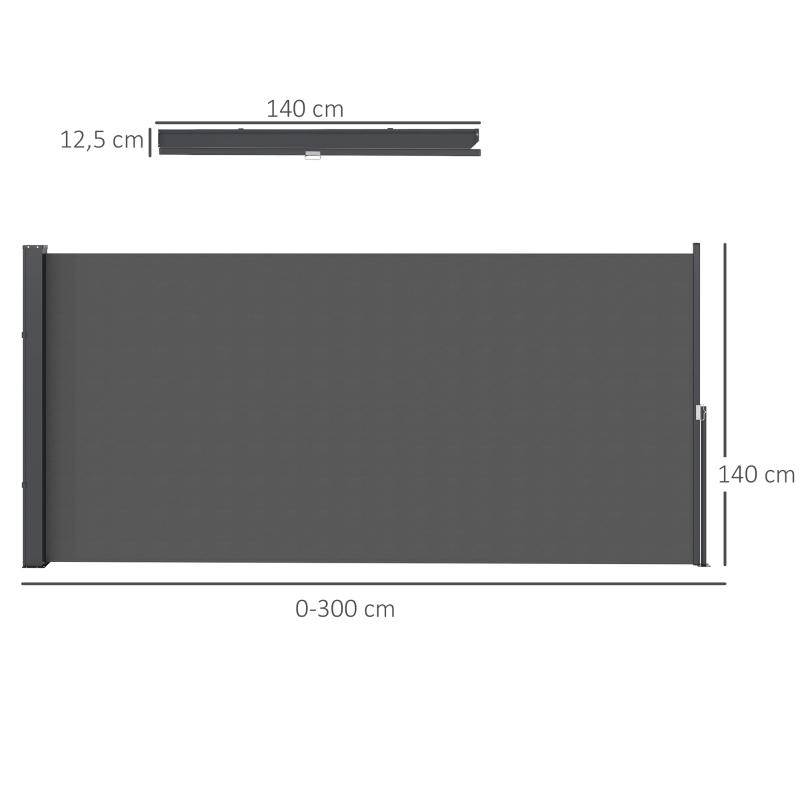 Outsunny Estore lateral ecrã de privacidade biombo retrátil 3 x 1,4 m alu. poliéster anti-UV alta densidade 180 g/m² cinzento escuro