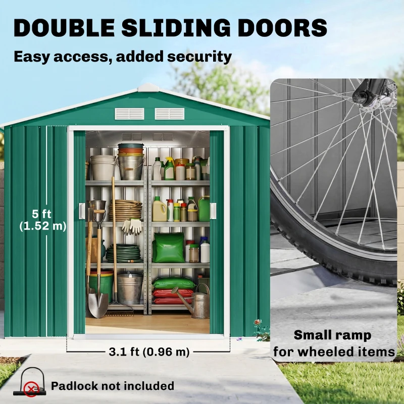 Outsunny 7ft x 4ft Lockable Garden Shed Large Patio Roofed Tool Metal Storage Building Foundation Sheds Box Outdoor Furniture, Green