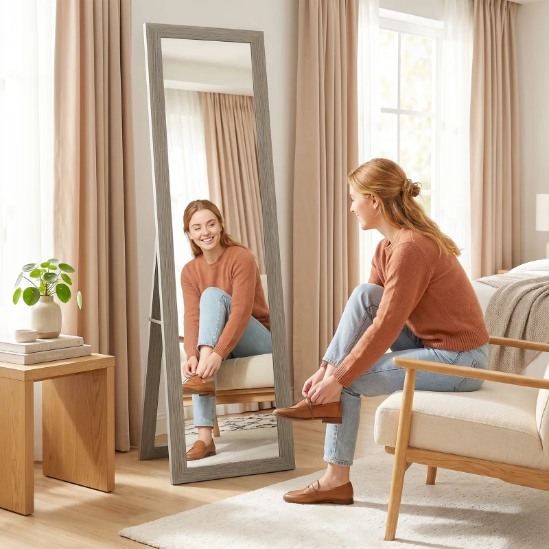 HOMCOM Miroir sur pied mural ou à poser rectangulaire avec cadre en bois pour salon chambre à coucher 37 x 155 cm gris