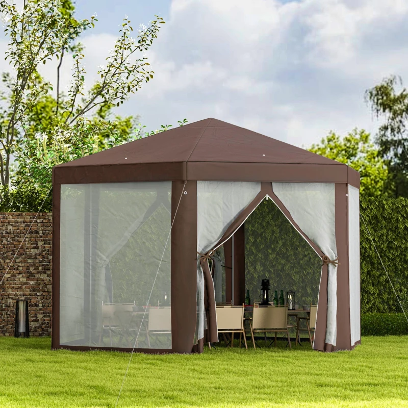 Outsunny Hexagonal Garden Gazebo - Patio Party Outdoor Canopy Tent Sun Shelter with Mosquito Netting and Zipped Door, Brown