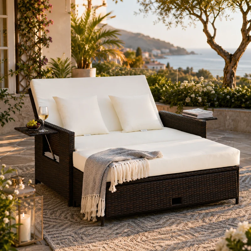 Outsunny Rattan Sun Lounger 2 Seater Day Bed with Cushions, Brown