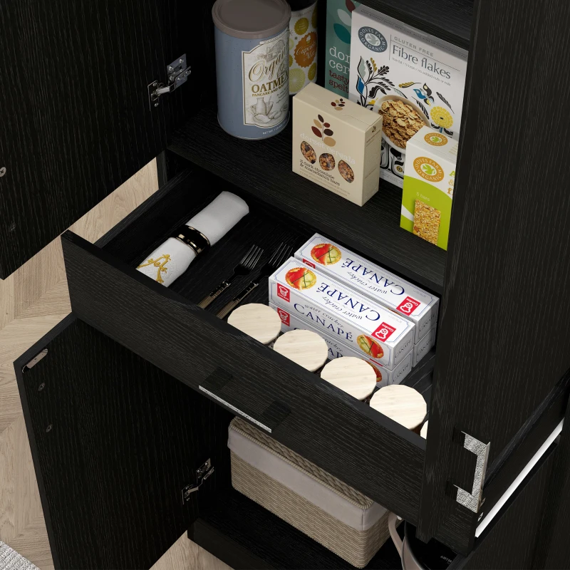 HOMCOM Buffet alto armário de cozinha 4 portas 2 armários e 1 gaveta central altura 180 cm com 2 prateleiras reguláveis preto