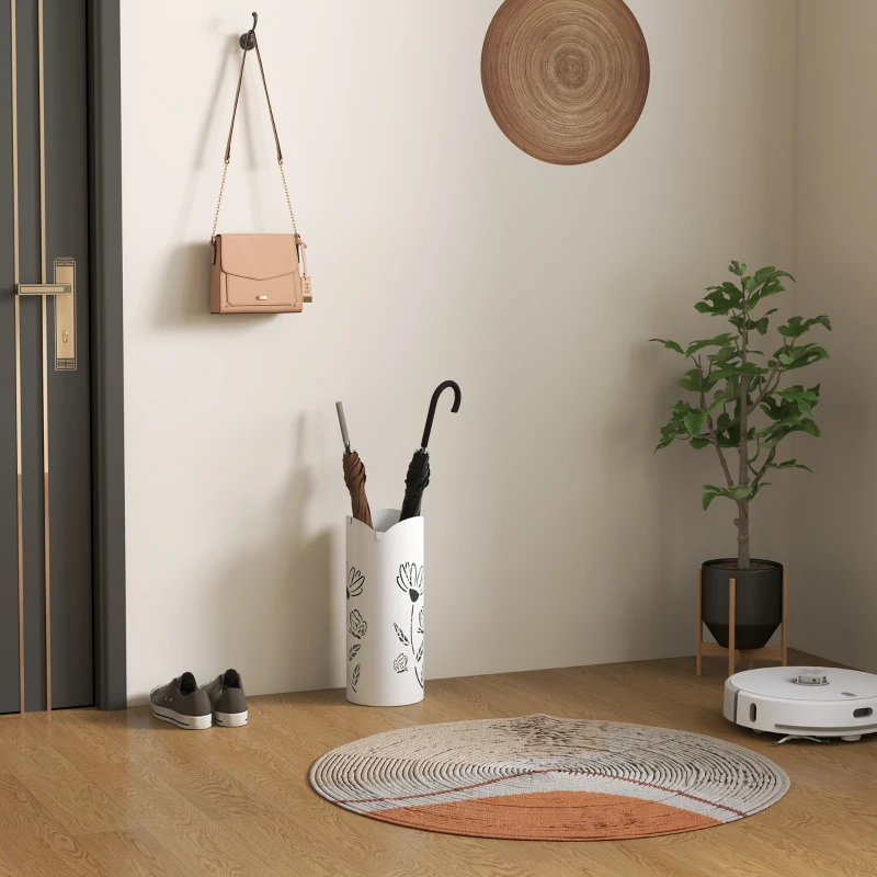 HOMCOM Paragüero de Acero con 4 Ganchos y Bandeja de Goteo Extraíble y Diseño Decorativo 17x17x41 cm Blanco