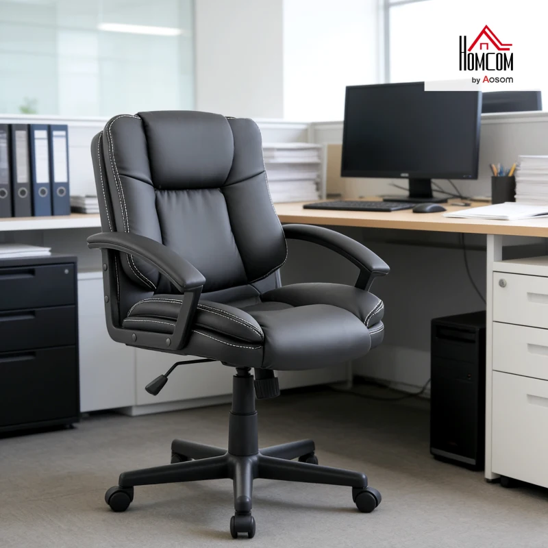 HOMCOM Mid Back Executive Office Chair, Faux Leather Computer Desk Chair with Swivel, Double-Tier Padding, Arm, Wheels, Black
