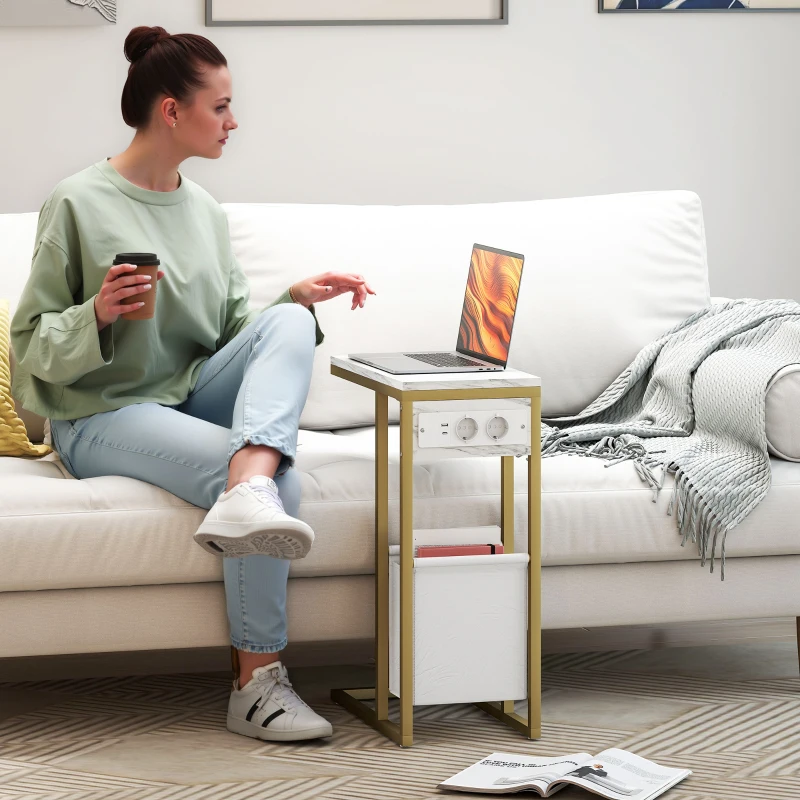 HOMCOM Mesa de apoio em forma de C com estação de carregamento bolsa de arrumação em tecido tampo com efeito mármore, 46 x 25 x 62,5 cm, branco