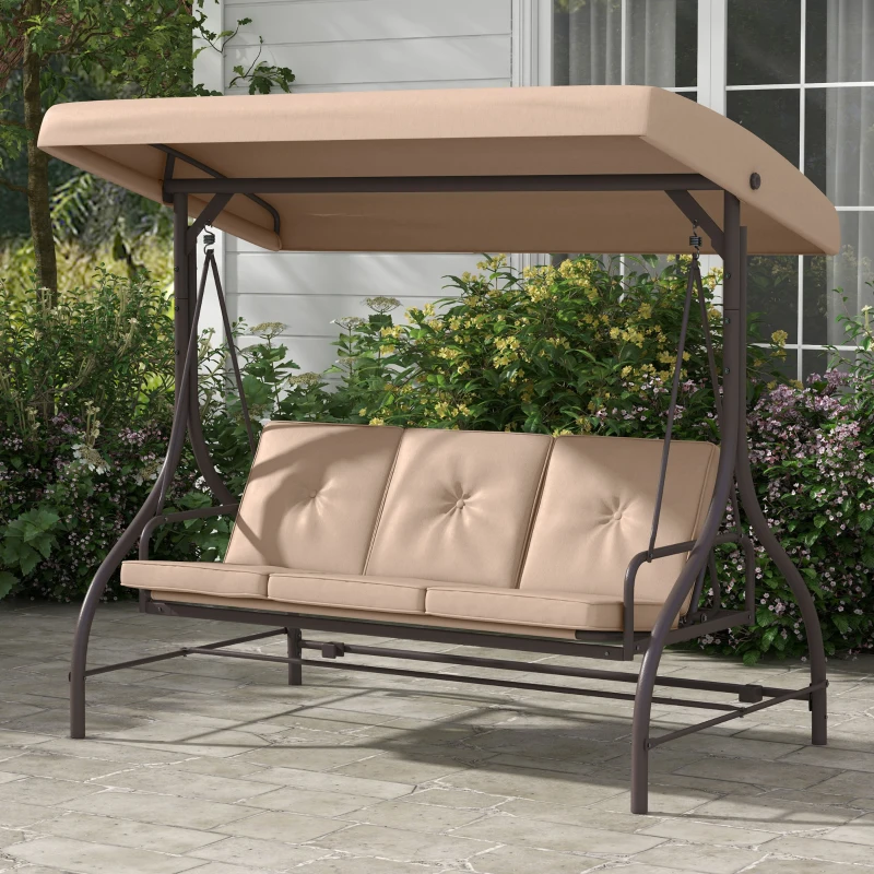 Outsunny Balancelle de jardin convertible 3 places grand confort avec coussins toit réglable métal polyester kaki