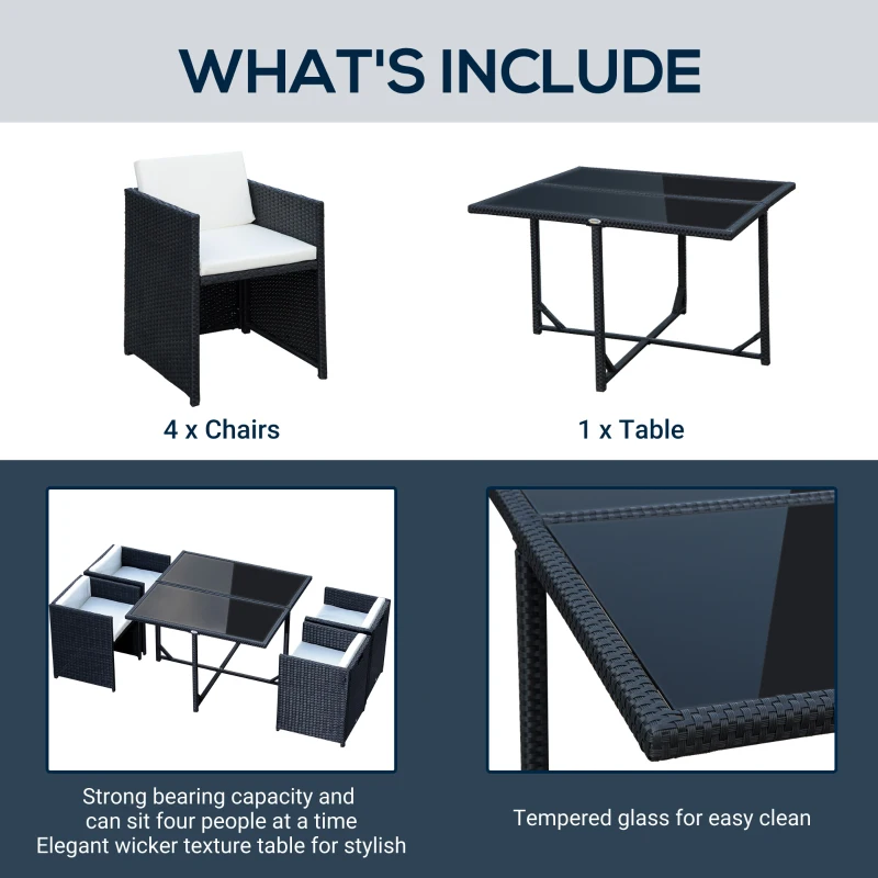 Outsunny Set Mobilier de Grădină cu Masă de Prânz, 4 Scaune și Perne, 109x109x72 cm, Negru